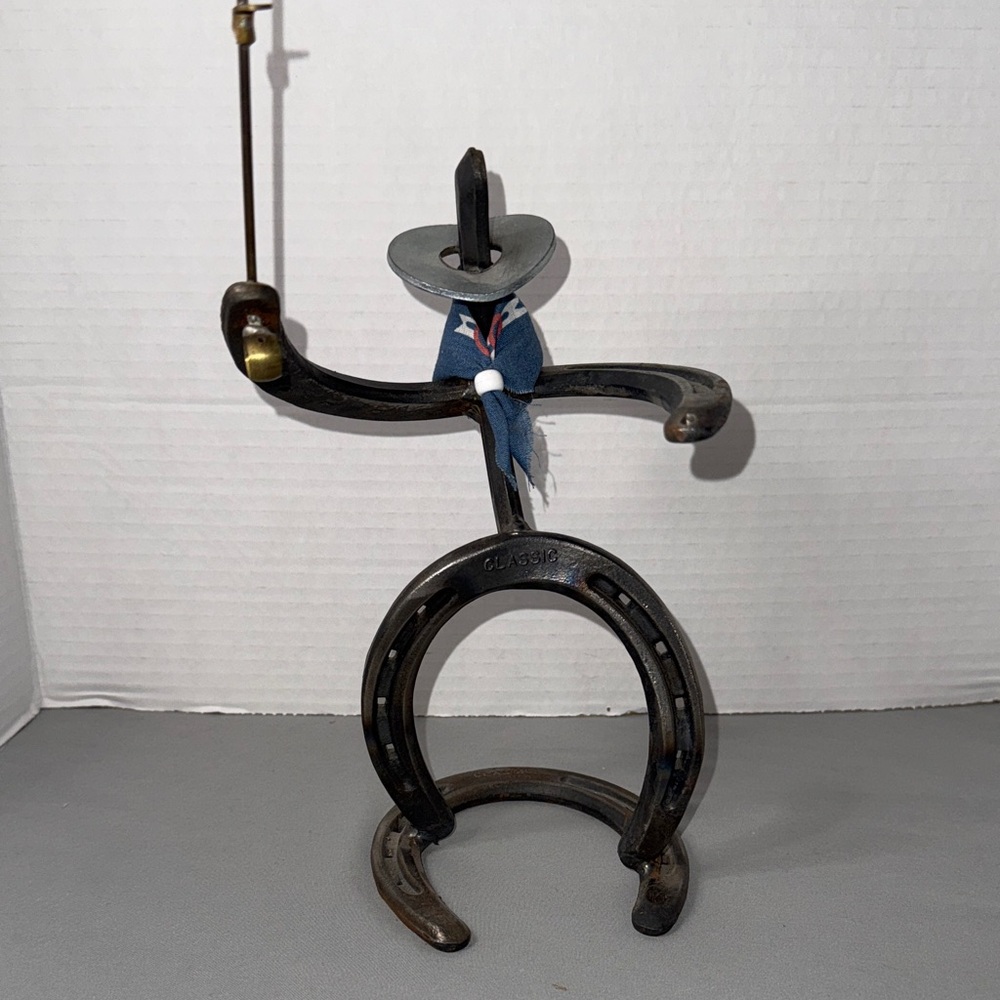 Horseshoe Handcrafted Cowboy Sculpture Cast Iron Folk Art Bandana Fishing Pole